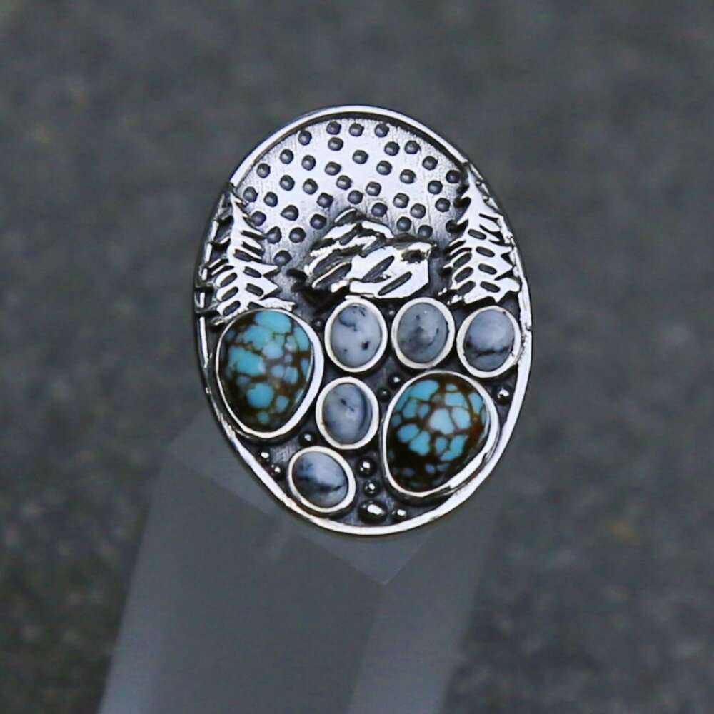Winter Howl Ring ✦ White Buffalo & Blue Moon Turquoise 3.40ctw ✦ 925 Silver Sz 6 - Picture 7 of 10